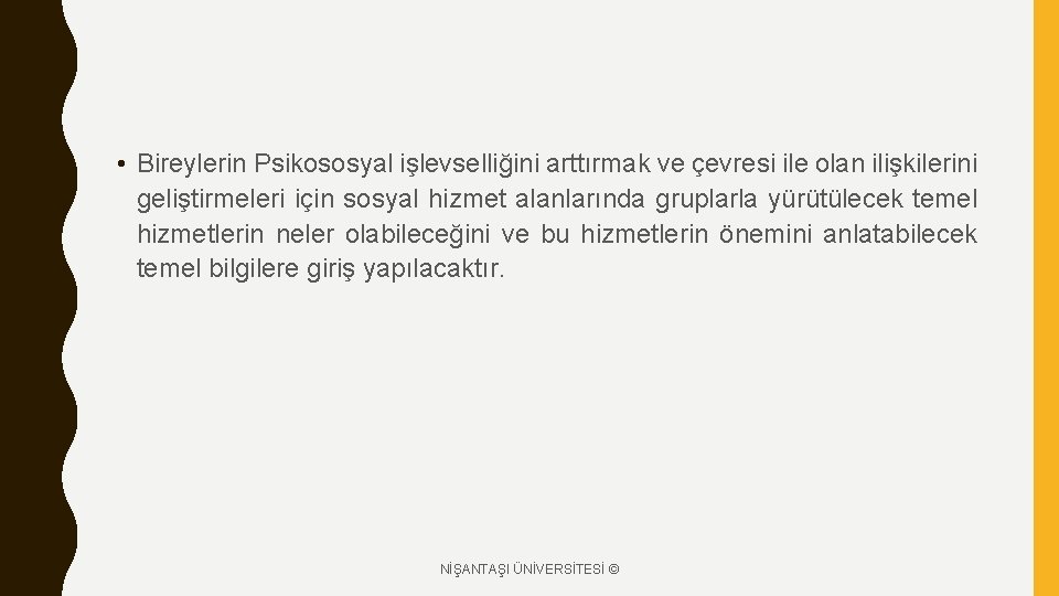  • Bireylerin Psikososyal işlevselliğini arttırmak ve çevresi ile olan ilişkilerini geliştirmeleri için sosyal