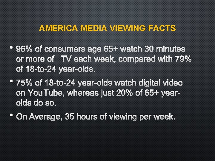 AMERICA MEDIA VIEWING FACTS • 96% OF CONSUMERS AGE 65+ WATCH 30 MINUTES OR