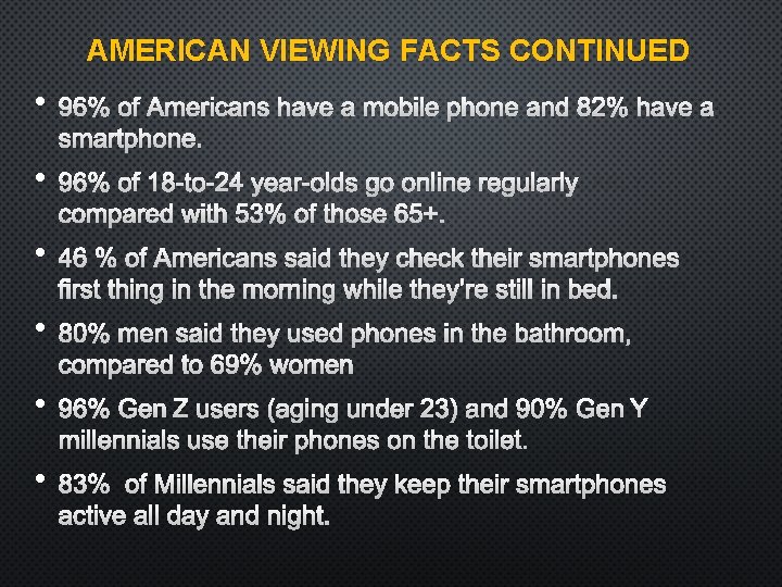 AMERICAN VIEWING FACTS CONTINUED • 96% OFAMERICANS HAVE A MOBILE PHONE AND 82% HAVE