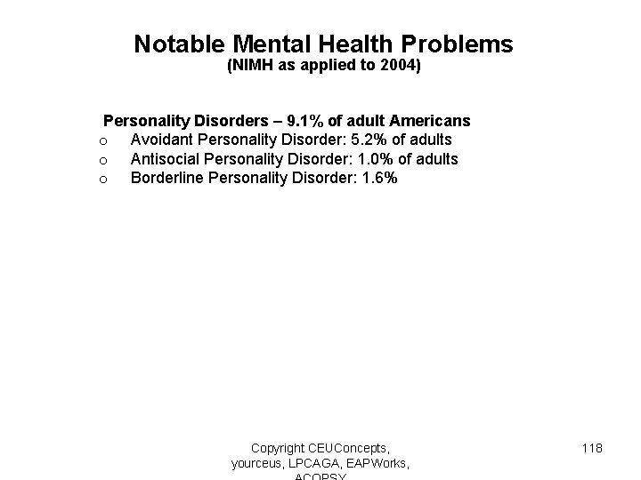 Notable Mental Health Problems (NIMH as applied to 2004) Personality Disorders – 9. 1%