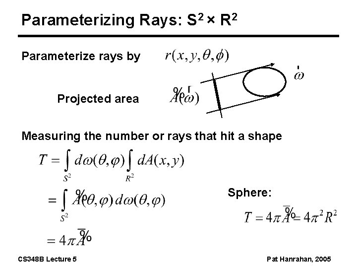 Parameterizing Rays: S 2 × R 2 Parameterize rays by Projected area Measuring the