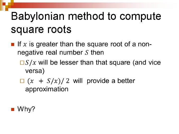 Babylonian method to compute square roots n 