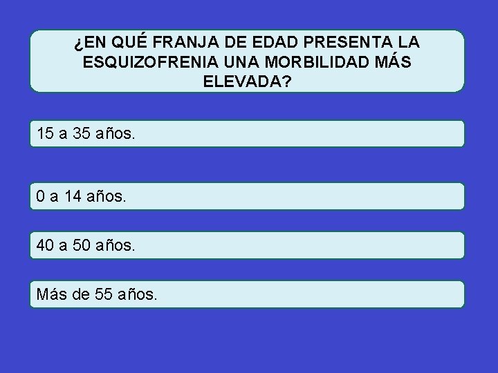 ¿EN QUÉ FRANJA DE EDAD PRESENTA LA ESQUIZOFRENIA UNA MORBILIDAD MÁS ELEVADA? 15 a