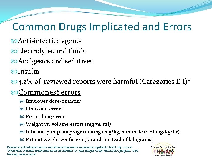 Common Drugs Implicated and Errors Anti-infective agents Electrolytes and fluids Analgesics and sedatives Insulin