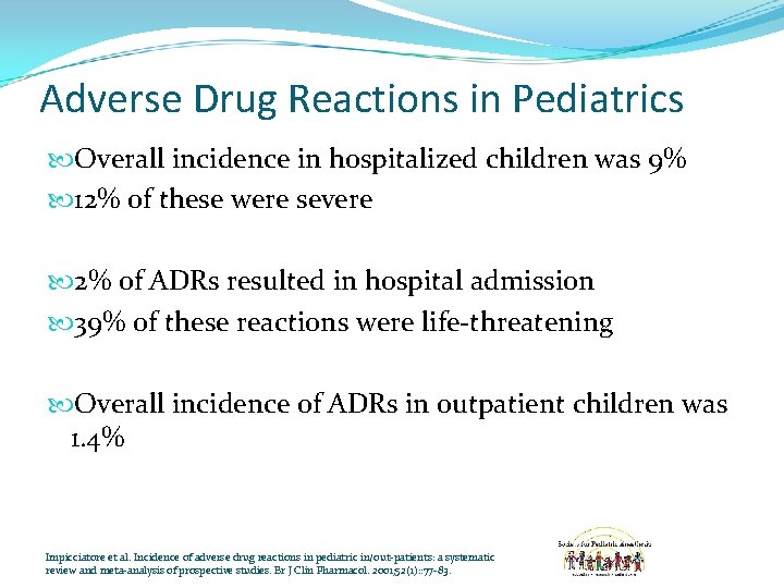 Adverse Drug Reactions in Pediatrics Overall incidence in hospitalized children was 9% 12% of