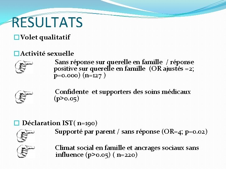 RESULTATS �Volet qualitatif �Activité sexuelle Sans réponse sur querelle en famille / réponse positive