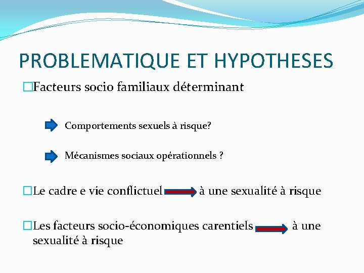 PROBLEMATIQUE ET HYPOTHESES �Facteurs socio familiaux déterminant Comportements sexuels à risque? Mécanismes sociaux opérationnels