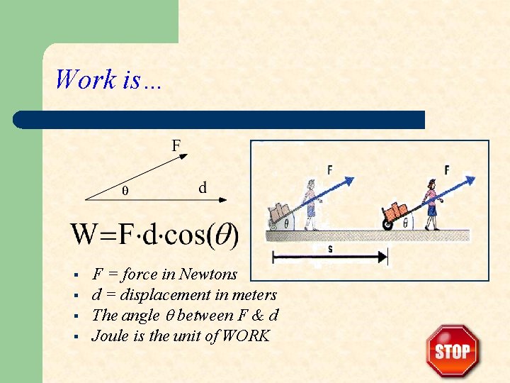 Work is… § § F = force in Newtons d = displacement in meters