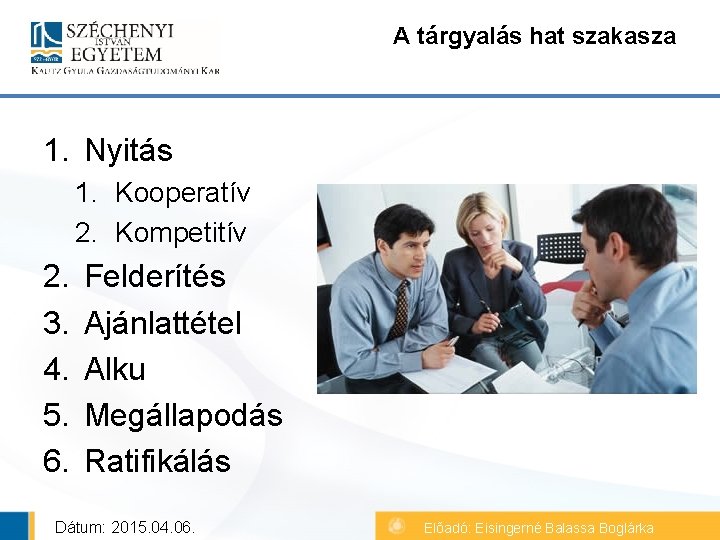 A tárgyalás hat szakasza 1. Nyitás 1. Kooperatív 2. Kompetitív 2. 3. 4. 5.