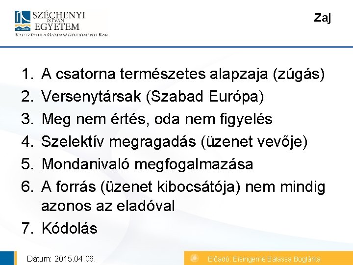 Zaj 1. 2. 3. 4. 5. 6. A csatorna természetes alapzaja (zúgás) Versenytársak (Szabad