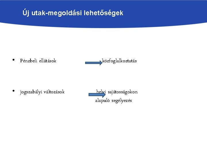 Új utak-megoldási lehetőségek • Pénzbeli ellátások • jogszabályi változások közfoglalkoztatás helyi sajátosságokon alapuló segélyezés