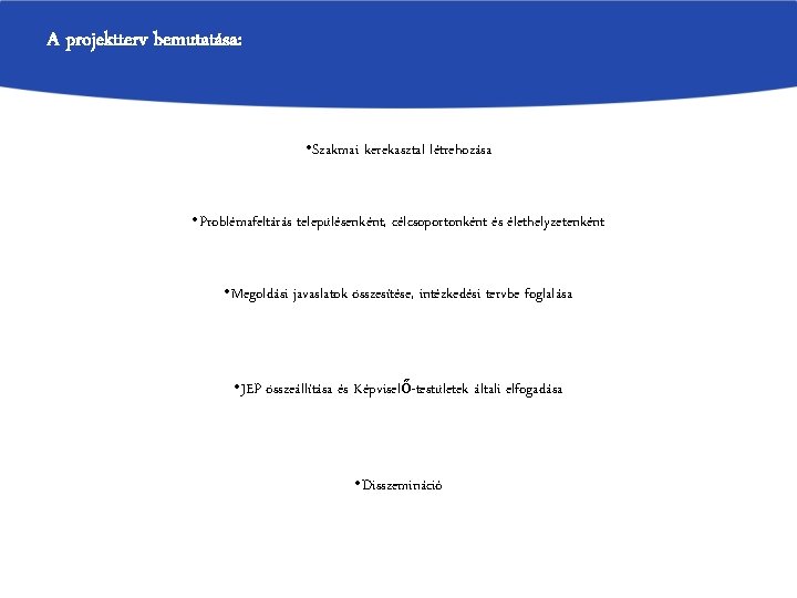 A projektterv bemutatása: • Szakmai kerekasztal létrehozása • Problémafeltárás településenként, célcsoportonként és élethelyzetenként •