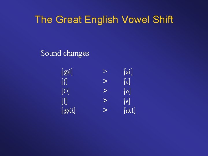 The Great English Vowel Shift Sound changes [@I] [{] [O] [{] [@U] > >