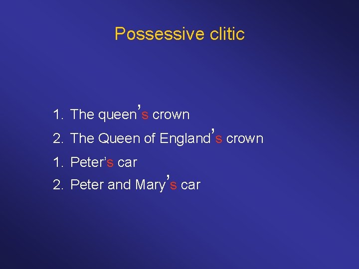 Possessive clitic 1. The queen’s crown 2. The Queen of England’s crown 1. Peter’s