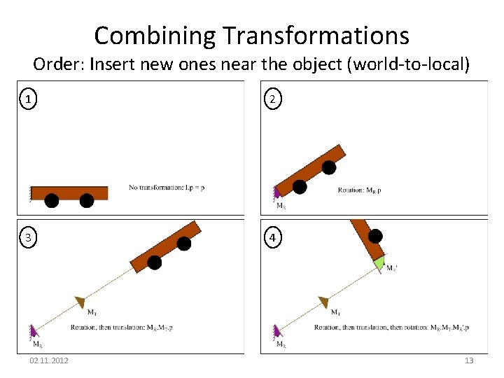 Combining Transformations Order: Insert new ones near the object (world-to-local) 1 2 3 4
