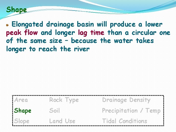 Shape Elongated drainage basin will produce a lower peak flow and longer lag time