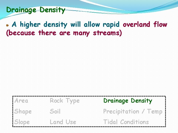 Drainage Density A higher density will allow rapid overland flow (because there are many