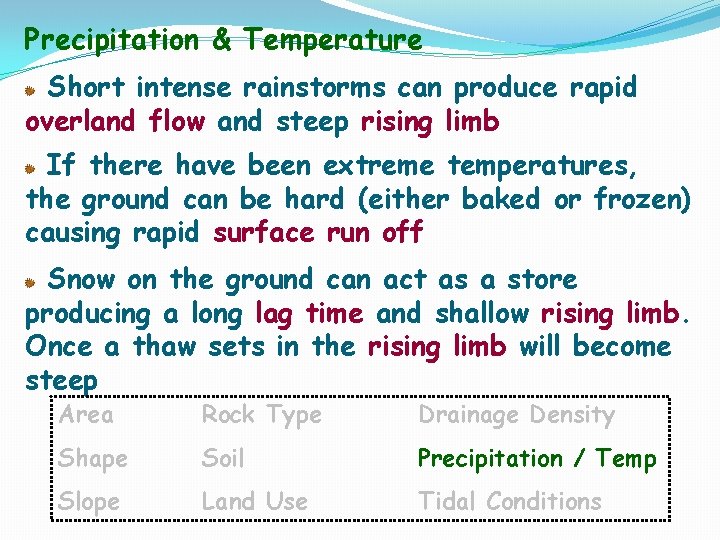 Precipitation & Temperature Short intense rainstorms can produce rapid overland flow and steep rising