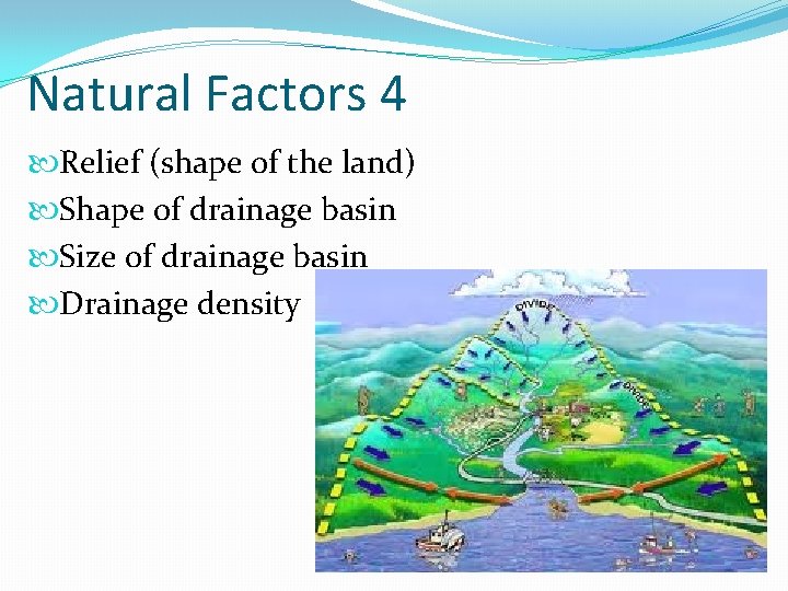 Natural Factors 4 Relief (shape of the land) Shape of drainage basin Size of