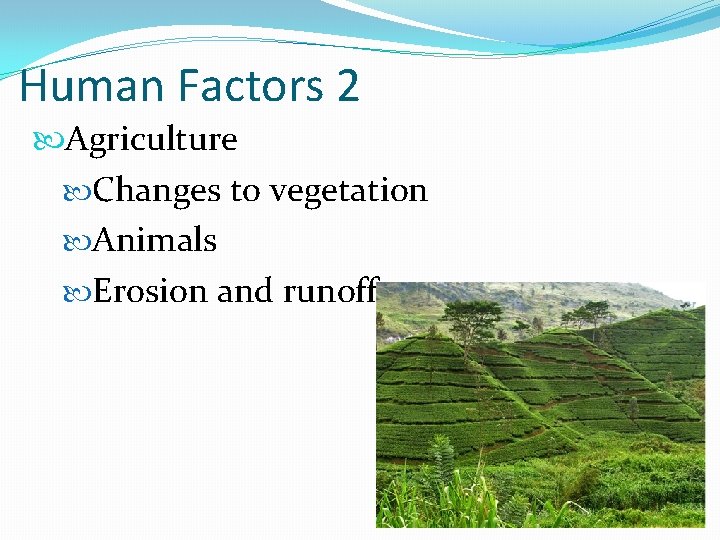 Human Factors 2 Agriculture Changes to vegetation Animals Erosion and runoff 