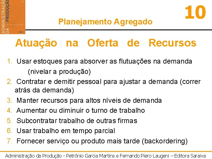 Planejamento Agregado 10 Atuação na Oferta de Recursos 1. Usar estoques para absorver as