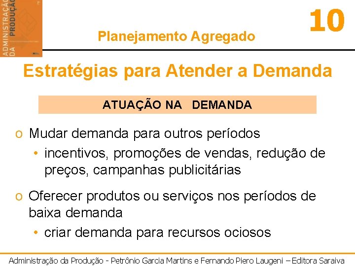 Planejamento Agregado 10 Estratégias para Atender a Demanda ATUAÇÃO NA DEMANDA o Mudar demanda