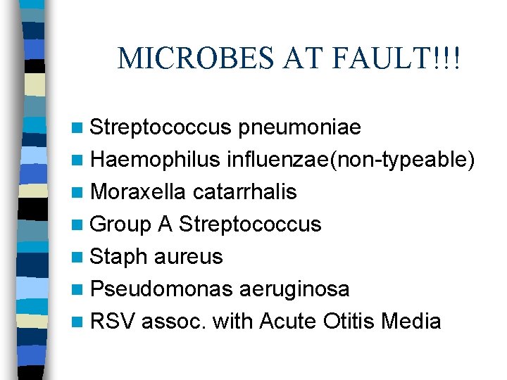 MICROBES AT FAULT!!! n Streptococcus pneumoniae n Haemophilus influenzae(non-typeable) n Moraxella catarrhalis n Group