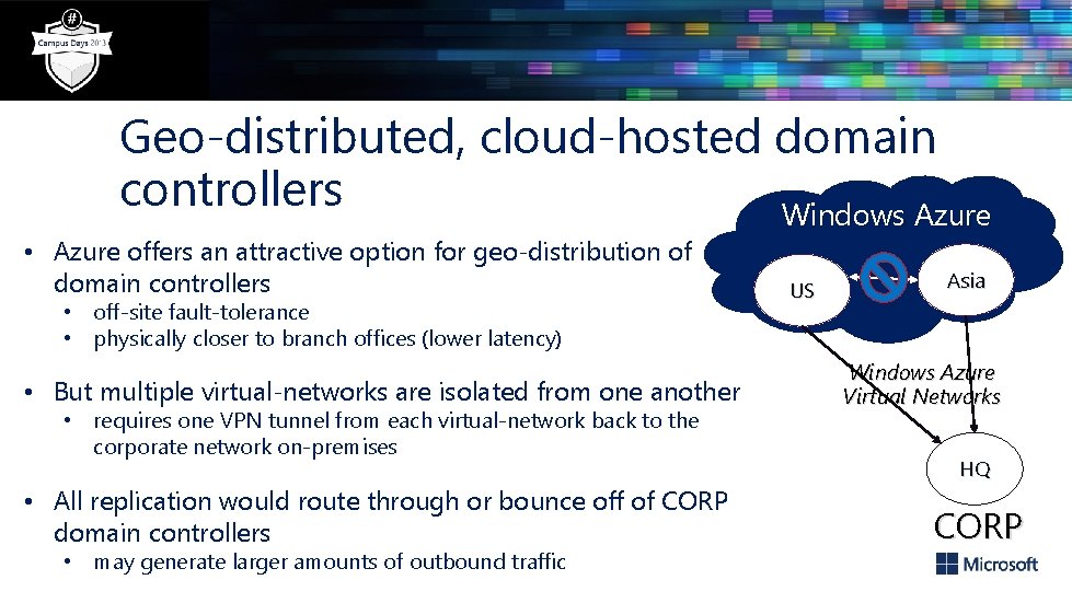 Geo-distributed, cloud-hosted domain controllers Windows Azure • Azure offers an attractive option for geo-distribution