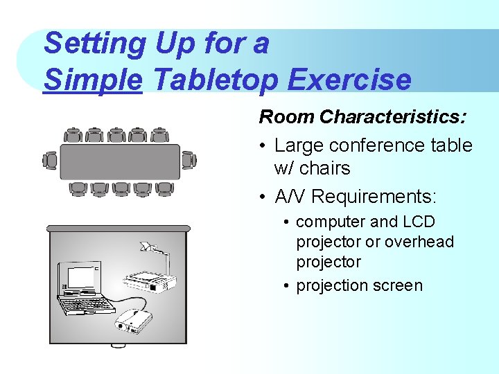 Setting Up for a Simple Tabletop Exercise Room Characteristics: • Large conference table w/