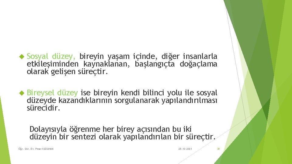  Sosyal düzey, bireyin yaşam içinde, diğer insanlarla etkileşiminden kaynaklanan, başlangıçta doğaçlama olarak gelişen