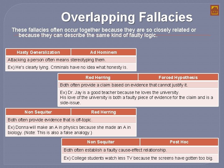 Overlapping Fallacies These fallacies often occur together because they are so closely related or