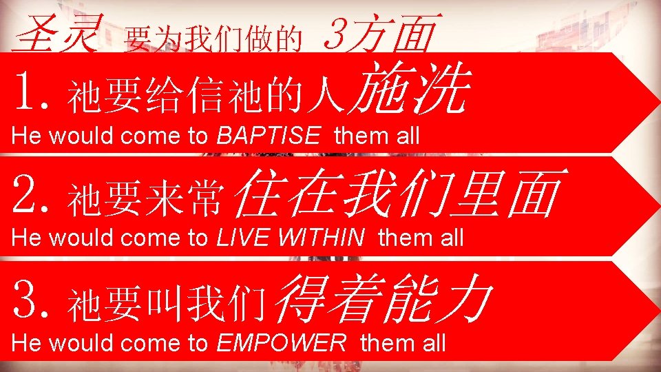 圣灵 要为我们做的 3方面 1. 祂要给信祂的人施洗 He would come to BAPTISE them all 2. 祂要来常住在我们里面