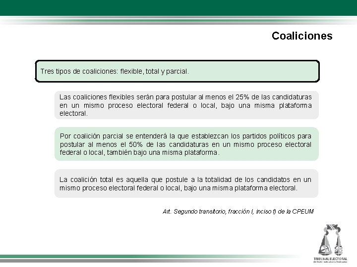 Coaliciones Tres tipos de coaliciones: flexible, total y parcial. Las coaliciones flexibles serán para