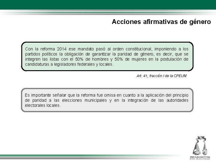 Acciones afirmativas de género Con la reforma 2014 ese mandato pasó al orden constitucional,