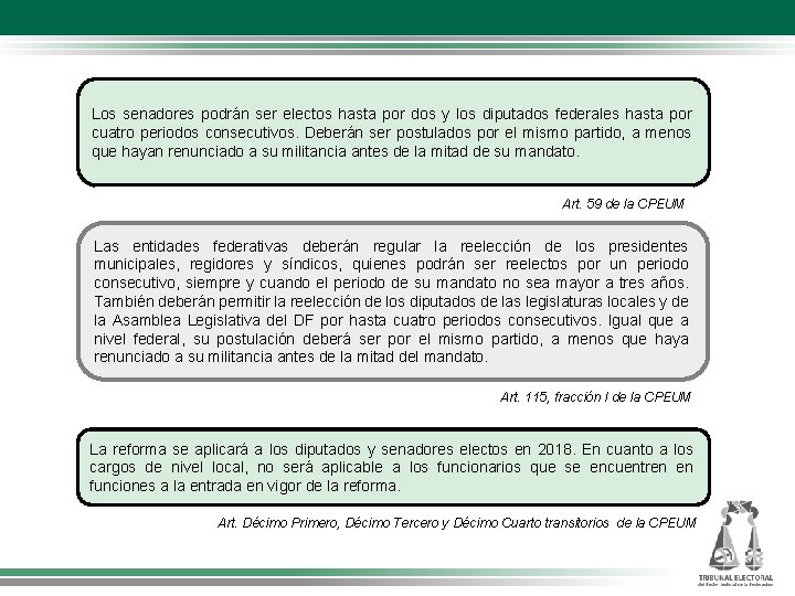 Los senadores podrán ser electos hasta por dos y los diputados federales hasta por