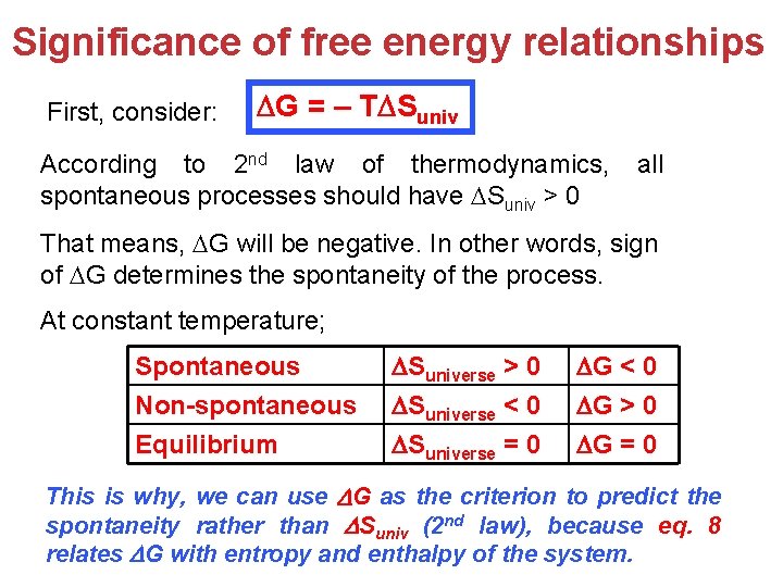 Significance of free energy relationships First, consider: G = – T Suniv According to