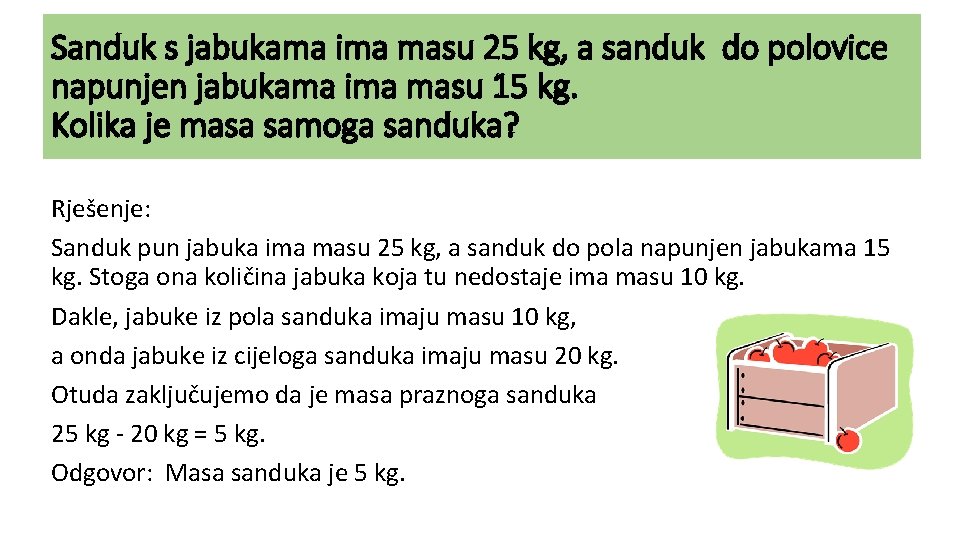 Sanduk s jabukama ima masu 25 kg, a sanduk do polovice napunjen jabukama ima