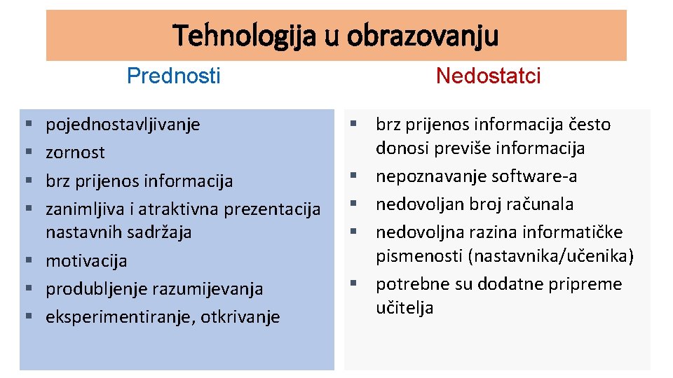 Tehnologija u obrazovanju Prednosti Nedostatci pojednostavljivanje zornost brz prijenos informacija zanimljiva i atraktivna prezentacija