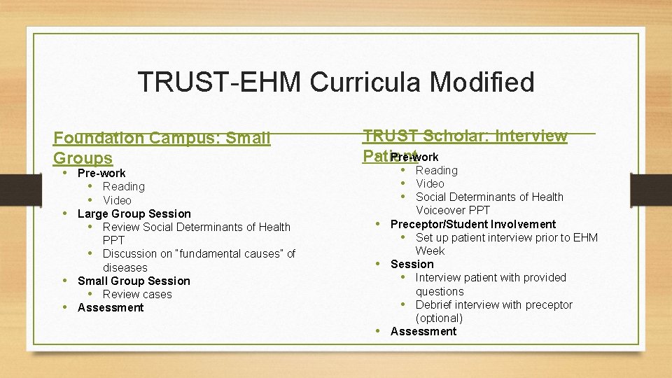 TRUST-EHM Curricula Modified Foundation Campus: Small Groups • Pre-work • Reading • Video •