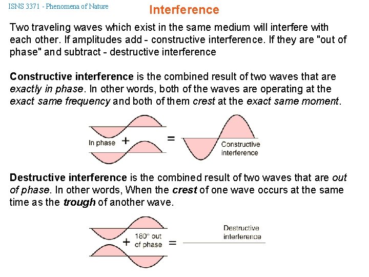 ISNS 3371 - Phenomena of Nature Interference Two traveling waves which exist in the