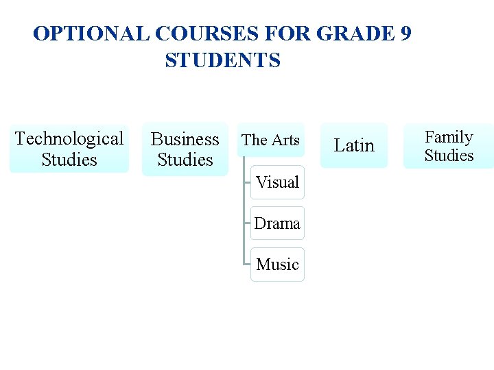 OPTIONAL COURSES FOR GRADE 9 STUDENTS Technological Studies Business Studies The Arts Visual Drama