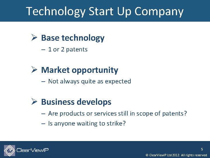 Technology Start Up Company Ø Base technology – 1 or 2 patents Ø Market