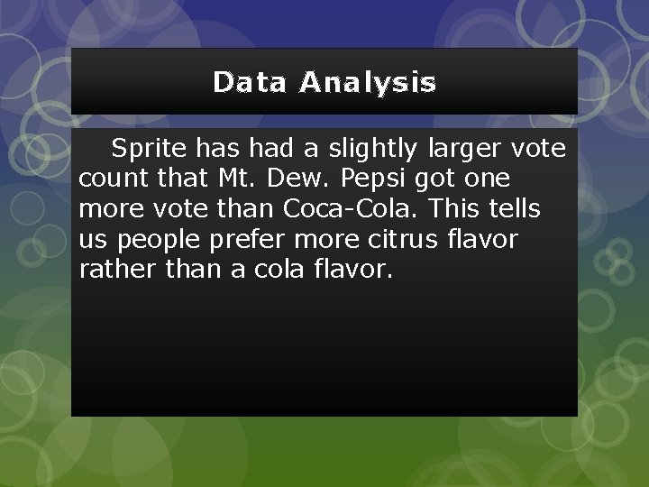 Data Analysis Sprite has had a slightly larger vote count that Mt. Dew. Pepsi