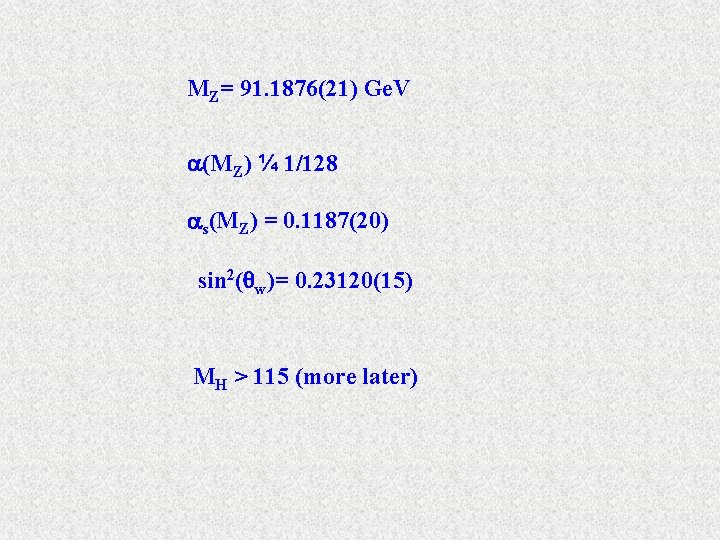 MZ= 91. 1876(21) Ge. V a(MZ) ¼ 1/128 as(MZ) = 0. 1187(20) sin 2(qw)=