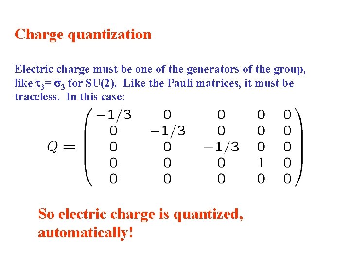 Charge quantization Electric charge must be one of the generators of the group, like