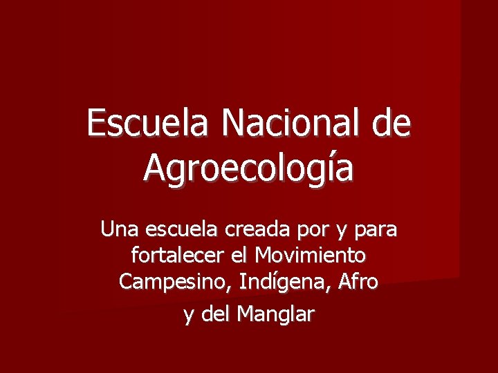 Escuela Nacional de Agroecología Una escuela creada por y para fortalecer el Movimiento Campesino,