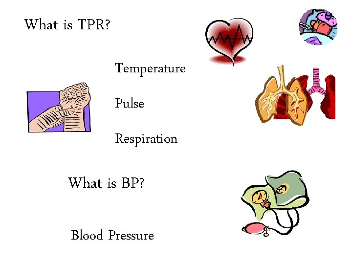 What is TPR? Temperature Pulse Respiration What is BP? Blood Pressure 
