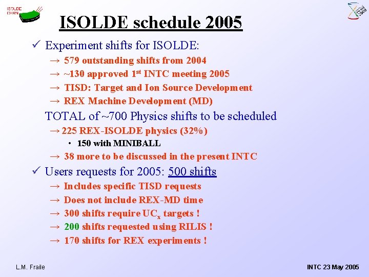 ISOLDE schedule 2005 ü Experiment shifts for ISOLDE: → → 579 outstanding shifts from