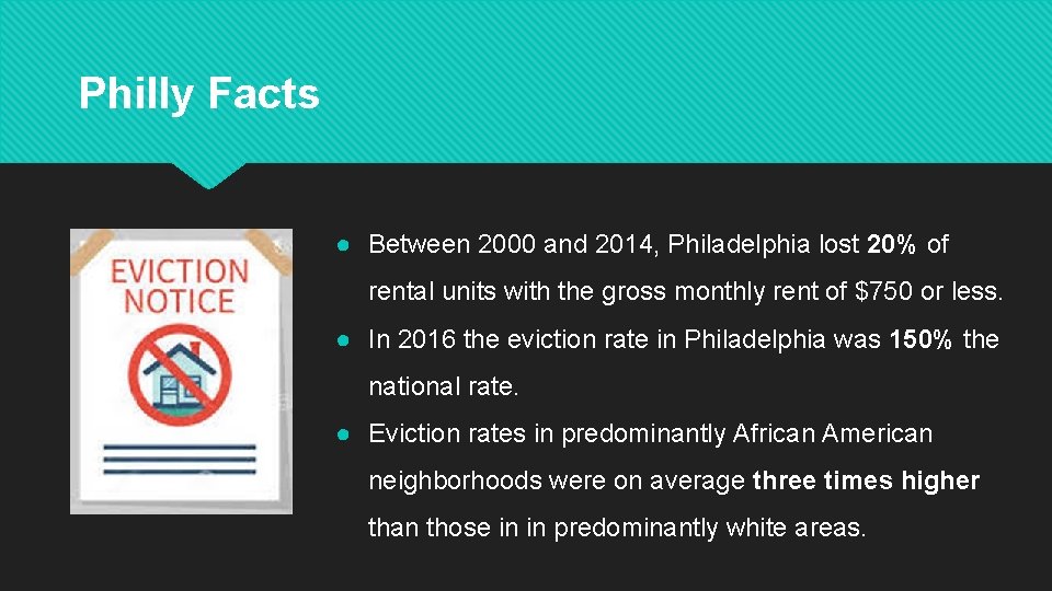 Philly Facts ● Between 2000 and 2014, Philadelphia lost 20% of rental units with
