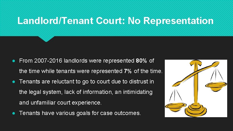 Landlord/Tenant Court: No Representation ● From 2007 -2016 landlords were represented 80% of the